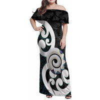 Aotearoa Koru Family Matching Off Shoulder Maxi Dress and Hawaiian Shirt Cyan Maori Paua Shell Mix Silver Fern LT14 Mom's Dress Black - Polynesian Pride