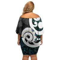 Aotearoa Koru Family Matching Off Shoulder Short Dress and Hawaiian Shirt Cyan Maori Paua Shell Mix Silver Fern LT14 - Polynesian Pride