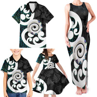 Aotearoa Koru Family Matching Tank Maxi Dress and Hawaiian Shirt Cyan Maori Paua Shell Mix Silver Fern LT14 - Polynesian Pride