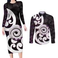 Aotearoa Koru Couples Matching Long Sleeve Bodycon Dress and Long Sleeve Button Shirt Purple Maori Paua Shell Mix Silver Fern