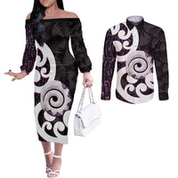 Aotearoa Koru Couples Matching Off The Shoulder Long Sleeve Dress and Long Sleeve Button Shirt Purple Maori Paua Shell Mix Silver Fern