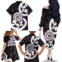 Aotearoa Koru Family Matching Off The Shoulder Long Sleeve Dress and Hawaiian Shirt Purple Maori Paua Shell Mix Silver Fern LT14 - Polynesian Pride