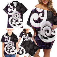 Aotearoa Koru Family Matching Off Shoulder Short Dress and Hawaiian Shirt Purple Maori Paua Shell Mix Silver Fern LT14 - Polynesian Pride