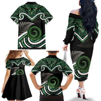 Koru Pounamu Aotearoa Family Matching Off The Shoulder Long Sleeve Dress and Hawaiian Shirt Maori Paua Shell Mix Silver Fern LT14 - Polynesian Pride