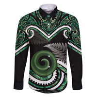Koru Pounamu Aotearoa Family Matching Off The Shoulder Long Sleeve Dress and Hawaiian Shirt Maori Paua Shell Mix Silver Fern LT14 Dad's Shirt - Long Sleeve Black - Polynesian Pride