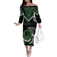 Koru Pounamu Aotearoa Family Matching Off The Shoulder Long Sleeve Dress and Hawaiian Shirt Maori Paua Shell Mix Silver Fern LT14 Mom's Dress Black - Polynesian Pride