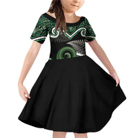 Koru Pounamu Aotearoa Family Matching Off Shoulder Short Dress and Hawaiian Shirt Maori Paua Shell Mix Silver Fern LT14 Daughter's Dress Black - Polynesian Pride