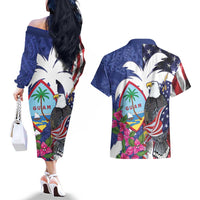 United States Guam Couples Matching Off The Shoulder Long Sleeve Dress and Hawaiian Shirt USA Eagle Guahan Seal Bougainvillea LT14 - Polynesian Pride