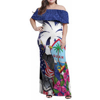 United States Guam Family Matching Off Shoulder Maxi Dress and Hawaiian Shirt USA Eagle Guahan Seal Bougainvillea LT14 Mom's Dress Blue - Polynesian Pride