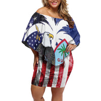 United States Guam Family Matching Off Shoulder Short Dress and Hawaiian Shirt USA Eagle Guahan Seal Bougainvillea LT14 Mom's Dress Blue - Polynesian Pride