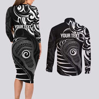 Personalised New Zealand Silver Fern Lacrosse Couples Matching Long Sleeve Bodycon Dress and Long Sleeve Button Shirt Aotearoa Maori Pattern