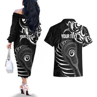 Personalised New Zealand Silver Fern Lacrosse Couples Matching Off The Shoulder Long Sleeve Dress and Hawaiian Shirt Aotearoa Maori Pattern LT14 - Polynesian Pride