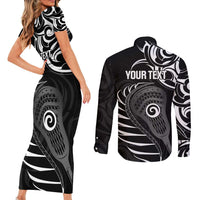 Personalised New Zealand Silver Fern Lacrosse Couples Matching Short Sleeve Bodycon Dress and Long Sleeve Button Shirt Aotearoa Maori Pattern