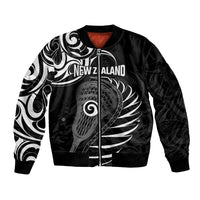 Personalised New Zealand Silver Fern Lacrosse Sleeve Zip Bomber Jacket Aotearoa Maori Pattern LT14 Unisex Black - Polynesian Pride