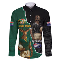 Personalised New Zealand And South Africa Rugby Family Matching Puletasi and Hawaiian Shirt 2024 All Black Springboks Mascots Together LT14 Dad's Shirt - Long Sleeve Green - Polynesian Pride