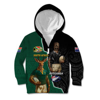Personalised New Zealand And South Africa Rugby Kid Hoodie 2024 All Black Springboks Mascots Together LT14 Zip Hoodie Green - Polynesian Pride