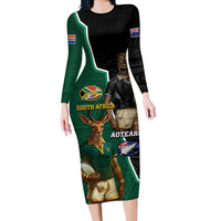Personalised New Zealand And South Africa Rugby Long Sleeve Bodycon Dress 2024 All Black Springboks Mascots Together LT14 Long Dress Green - Polynesian Pride