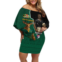 Personalised New Zealand And South Africa Rugby Off Shoulder Short Dress 2024 All Black Springboks Mascots Together LT14 Women Green - Polynesian Pride