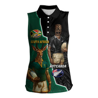 Personalised New Zealand And South Africa Rugby Women Sleeveless Polo Shirt 2024 All Black Springboks Mascots Together LT14 Female Green - Polynesian Pride