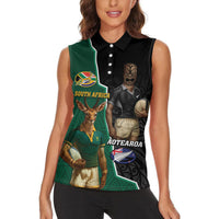 Personalised New Zealand And South Africa Rugby Women Sleeveless Polo Shirt 2024 All Black Springboks Mascots Together LT14 - Polynesian Pride
