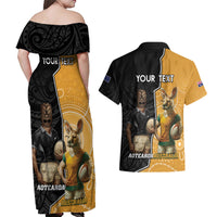Personalised New Zealand And Australia Rugby Couples Matching Off Shoulder Maxi Dress and Hawaiian Shirt 2024 All Black Wallabies Mascots Together LT14 - Polynesian Pride