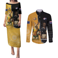 Personalised New Zealand And Australia Rugby Couples Matching Puletasi and Long Sleeve Button Shirt 2024 All Black Wallabies Mascots Together LT14 Black - Polynesian Pride