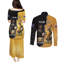 Personalised New Zealand And Australia Rugby Couples Matching Puletasi and Long Sleeve Button Shirt 2024 All Black Wallabies Mascots Together LT14 - Polynesian Pride