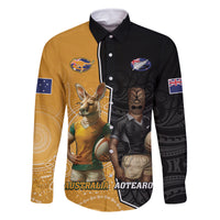 Personalised New Zealand And Australia Rugby Family Matching Off The Shoulder Long Sleeve Dress and Hawaiian Shirt 2024 All Black Wallabies Mascots Together LT14 Dad's Shirt - Long Sleeve Black - Polynesian Pride