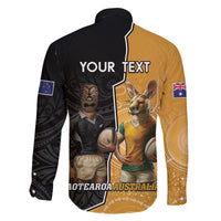 Personalised New Zealand And Australia Rugby Family Matching Off The Shoulder Long Sleeve Dress and Hawaiian Shirt 2024 All Black Wallabies Mascots Together LT14 - Polynesian Pride