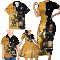 Personalised New Zealand And Australia Rugby Family Matching Short Sleeve Bodycon Dress and Hawaiian Shirt 2024 All Black Wallabies Mascots Together LT14 - Polynesian Pride