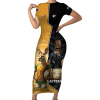 Personalised New Zealand And Australia Rugby Family Matching Short Sleeve Bodycon Dress and Hawaiian Shirt 2024 All Black Wallabies Mascots Together LT14 Mom's Dress Black - Polynesian Pride