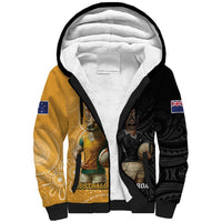 Personalised New Zealand And Australia Rugby Sherpa Hoodie 2024 All Black Wallabies Mascots Together LT14 Unisex Black - Polynesian Pride
