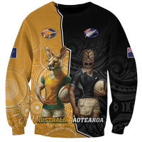 Personalised New Zealand And Australia Rugby Sweatshirt 2024 All Black Wallabies Mascots Together LT14 Unisex Black - Polynesian Pride