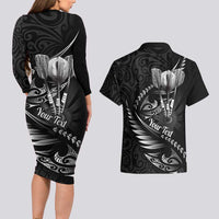 Personalised All Black New Zealand Darts Couples Matching Long Sleeve Bodycon Dress and Hawaiian Shirt Aoteroa Fern Maori Galaxy Style LT14 - Polynesian Pride