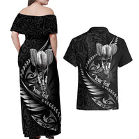 Personalised All Black New Zealand Darts Couples Matching Off Shoulder Maxi Dress and Hawaiian Shirt Aoteroa Fern Maori Galaxy Style LT14 - Polynesian Pride