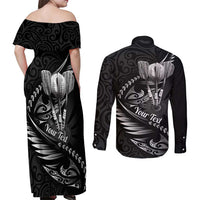 Personalised All Black New Zealand Darts Couples Matching Off Shoulder Maxi Dress and Long Sleeve Button Shirt Aoteroa Fern Maori Galaxy Style LT14 - Polynesian Pride