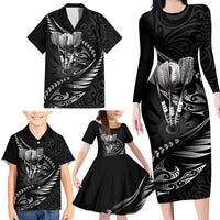 Personalised All Black New Zealand Darts Family Matching Long Sleeve Bodycon Dress and Hawaiian Shirt Aoteroa Fern Maori Galaxy Style LT14 - Polynesian Pride
