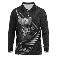 Personalised All Black New Zealand Darts Long Sleeve Polo Shirt Aoteroa Fern Maori Galaxy Style