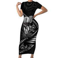Personalised All Black New Zealand Darts Short Sleeve Bodycon Dress Aoteroa Fern Maori Galaxy Style LT14 Long Dress Black - Polynesian Pride