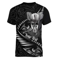 Personalised All Black New Zealand Darts Women V-Neck T-Shirt Aoteroa Fern Maori Galaxy Style