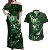 Personalised All Green New Zealand Darts Couples Matching Off Shoulder Maxi Dress and Hawaiian Shirt Aoteroa Fern Maori Galaxy Style LT14 Green - Polynesian Pride