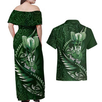 Personalised All Green New Zealand Darts Couples Matching Off Shoulder Maxi Dress and Hawaiian Shirt Aoteroa Fern Maori Galaxy Style LT14 - Polynesian Pride