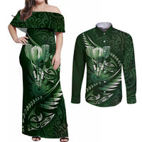 Personalised All Green New Zealand Darts Couples Matching Off Shoulder Maxi Dress and Long Sleeve Button Shirt Aoteroa Fern Maori Galaxy Style LT14 Green - Polynesian Pride