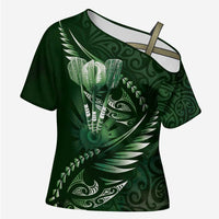 Personalised All Green New Zealand Darts Cross Shoulder Shirt Aoteroa Fern Maori Galaxy Style LT14 Female Green - Polynesian Pride
