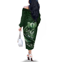 Personalised All Green New Zealand Darts Family Matching Off The Shoulder Long Sleeve Dress and Hawaiian Shirt Aoteroa Fern Maori Galaxy Style LT14 - Polynesian Pride