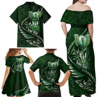 Personalised All Green New Zealand Darts Family Matching Off Shoulder Maxi Dress and Hawaiian Shirt Aoteroa Fern Maori Galaxy Style LT14 - Polynesian Pride