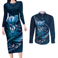 Personalised All Blue New Zealand Darts Couples Matching Long Sleeve Bodycon Dress and Long Sleeve Button Shirt Aoteroa Fern Maori Galaxy Style LT14 Blue - Polynesian Pride