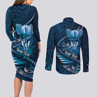 Personalised All Blue New Zealand Darts Couples Matching Long Sleeve Bodycon Dress and Long Sleeve Button Shirt Aoteroa Fern Maori Galaxy Style LT14 - Polynesian Pride