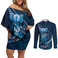 Personalised All Blue New Zealand Darts Couples Matching Off Shoulder Short Dress and Long Sleeve Button Shirt Aoteroa Fern Maori Galaxy Style LT14 Blue - Polynesian Pride