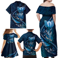 Personalised All Blue New Zealand Darts Family Matching Off Shoulder Maxi Dress and Hawaiian Shirt Aoteroa Fern Maori Galaxy Style LT14 - Polynesian Pride